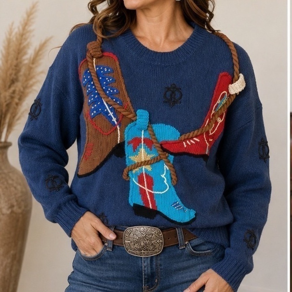 Vintage Bechamel Western Cowboy Boot Rope Sweater Blue Ramie Cotton Womens M